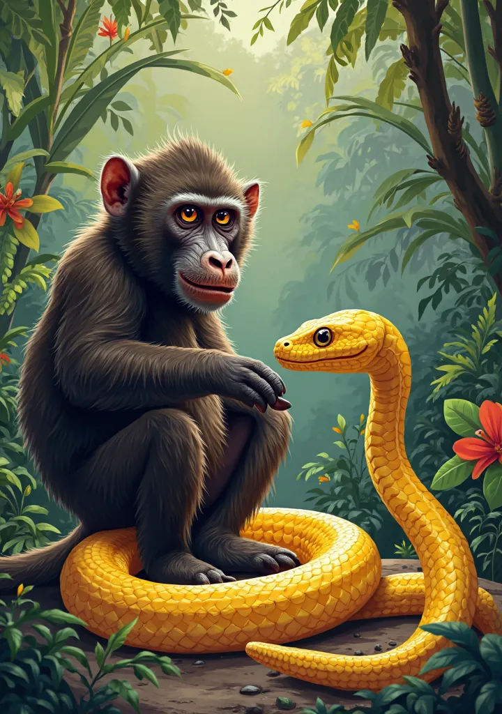 A highly detailed digital painting in the style of  Brazilian modernist art, depicting a playful baboon, approximately , with thick, dark brown fur,  a mischievous expression, and bright, intelligent eyes,  sitting upright near a vibrant yellow python. The...