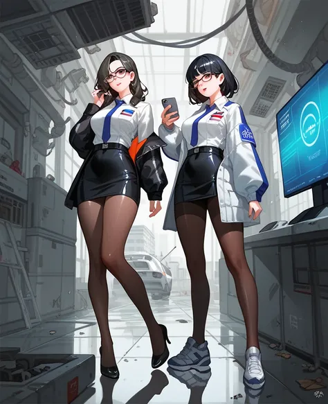 Researcher women, black hair,Sexy, wearing glasses,Full body,Researcher's suit,tights, Abandoned City , apocalypse 