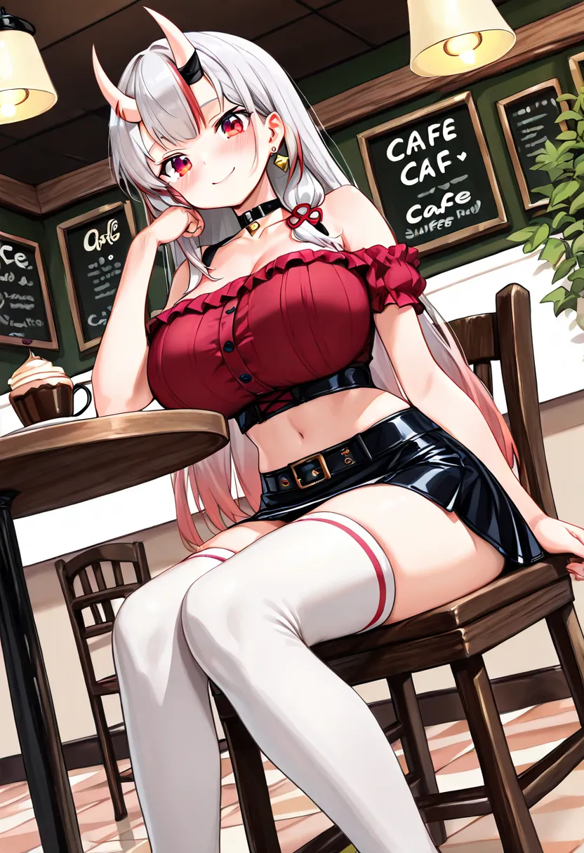 (TOP QUALITY , 8k , masterpiece , incredibly absurdres , perfect body , super detailed skin , highly detailed eyes and face , 1 woman ) ,  nakiri ayame , Silver Hair , red eyes , demon horn , smile ,  will be happy , ( crop top, Super short mini skirt , th...