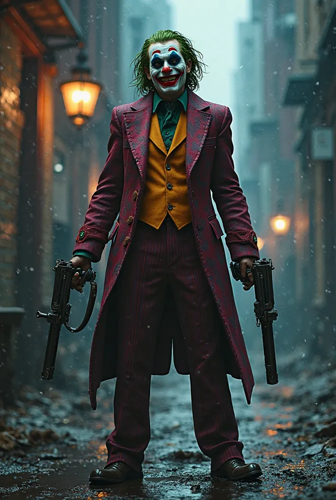 
CREATE A LAUGHING JOKER WITH WEAPONS IN HIS HAND