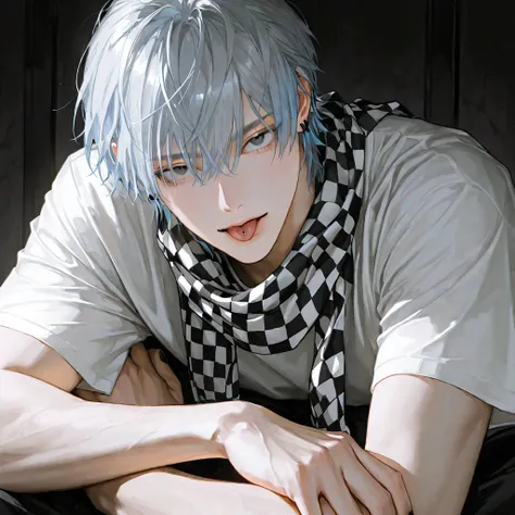 high school age men, handsome, lying, 1 man, (Bule hair) , male focus, handsome man, black nail polish, perfect Eyes ,semi-realistic art , semi-realistic art style, Black and white checkered pattern scarf, (dark Bedroom background) , Earring , upper body ,...