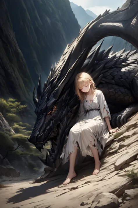 A young woman wearing a dirty, torn white dress with blond hair and long ankle-length blue eyes sleeping in front of a black dragon's face in a desolate, steep mountainous area。TOP QUALITY。realistic texture、 realistic colors。