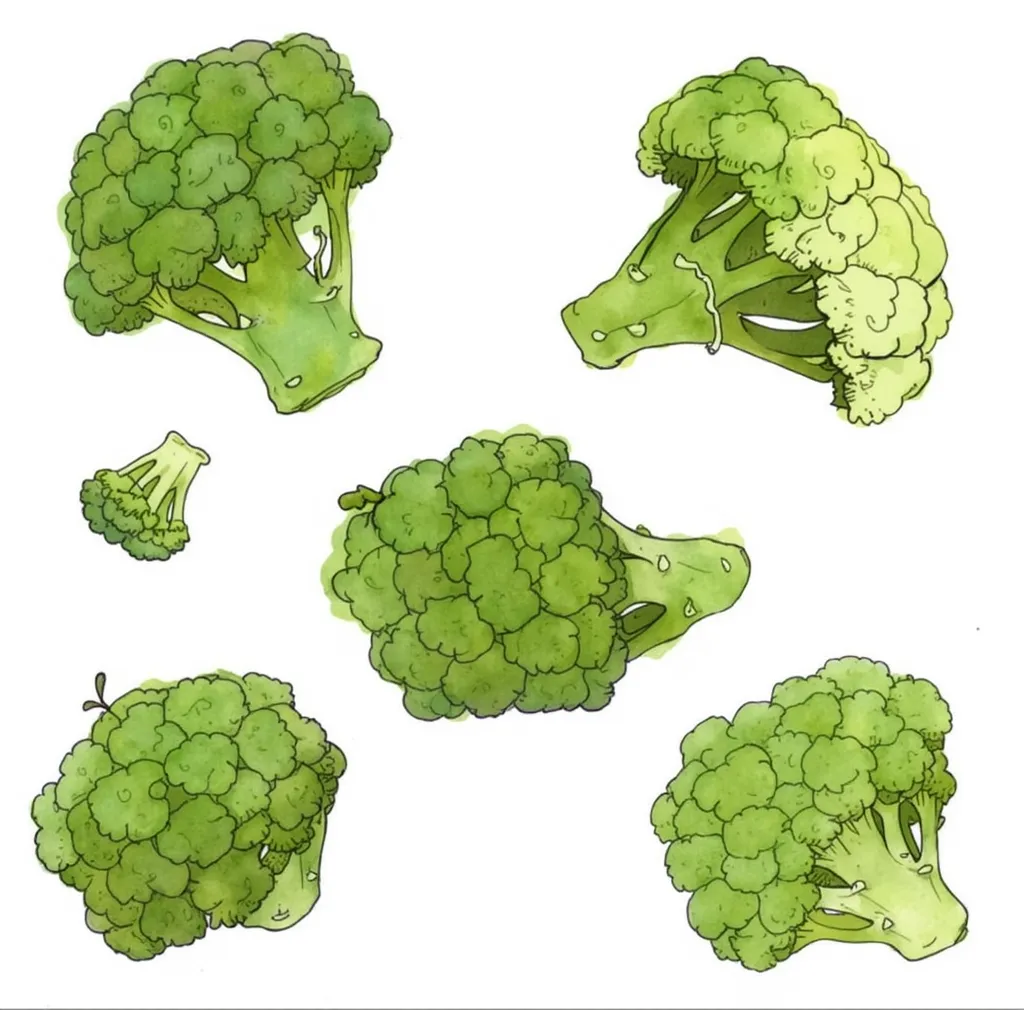 This image shows a collection of six watercolor illustrations of broccoli florets. Let's analyze its visual aspects and potential uses:

Visual Aspects:

Style: The style is loose watercolor painting, with a combination of watercolor washes and ink linewor...