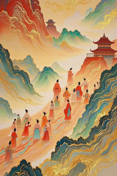 The landscape paintings in the Dunhuang murals seem to be given life, involving camels, caravans, and Han Dynasty buildings in an adventure through time and space. They are arranged along the winding road of the Silk Road, forming a dynamic picture. Bright...