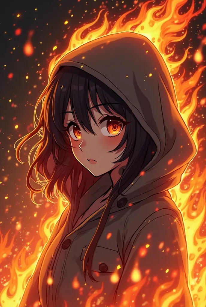 Create logo, a words chloeandrea in background, fire font, fire, a women girl head with hood character anime, animation