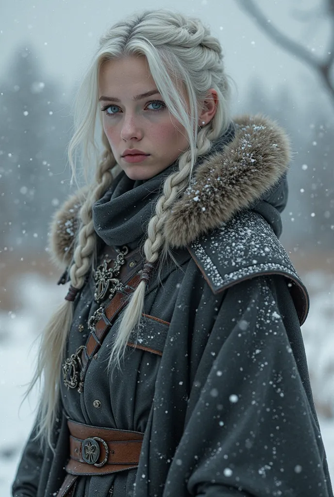 (highly Detailed) (realistic) Woman, 27, with halfbraided White hair in an offshoulder grey winter Coat protected by a black majestic, intimating Taurus Made of black Thundercloud smoke in a bloodied snowy Environment 