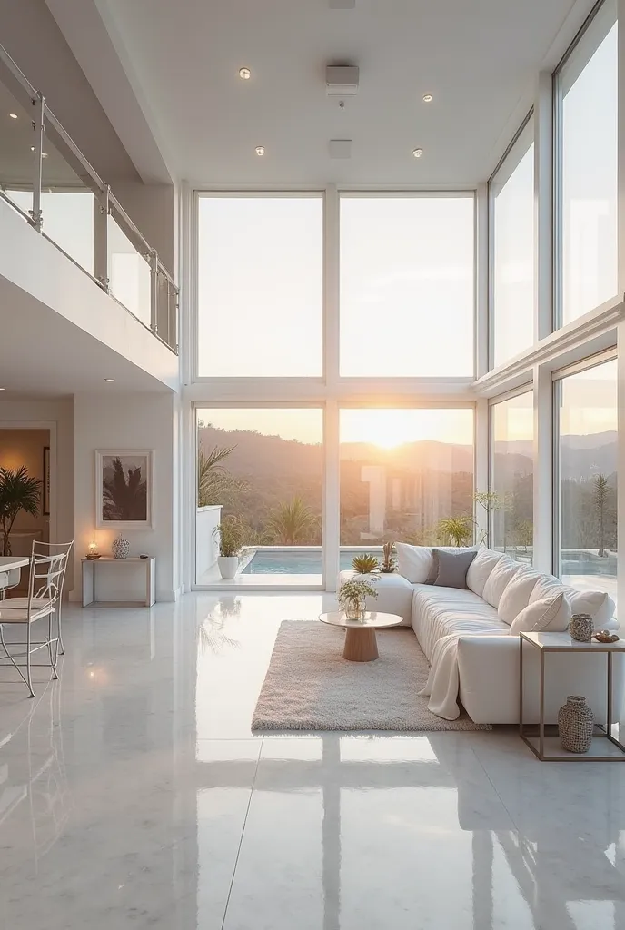 Long spacious white interior big spacious two storey house hills and faraway sunset rays white columns high glass panels rooms panels both sides at level two to see white living room white metal staircase white console table white frame picture left bedroo...