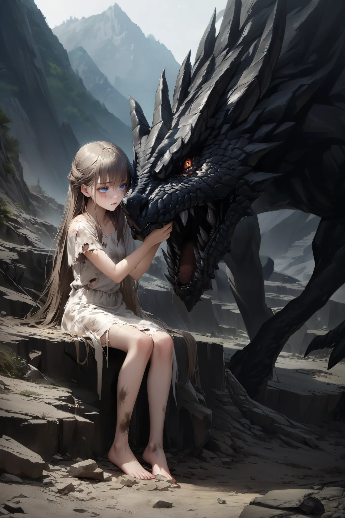 A young woman wearing a dirty, torn white dress with long, blue eyes, and long, ankle-length hair sitting in front of a black dragon's face in a desolate, steep mountainous area、 crying face。TOP QUALITY。realistic texture、 realistic colors。