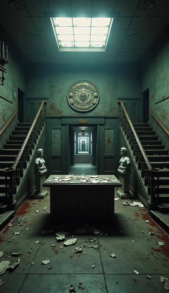 First-person perspective inside the Raccoon City Police Department (RPD) main hall, as the camera slowly pans over the iconic scene. The room is dimly lit with flickering fluorescent lights, casting long shadows. In the center of the room, there is a recep...