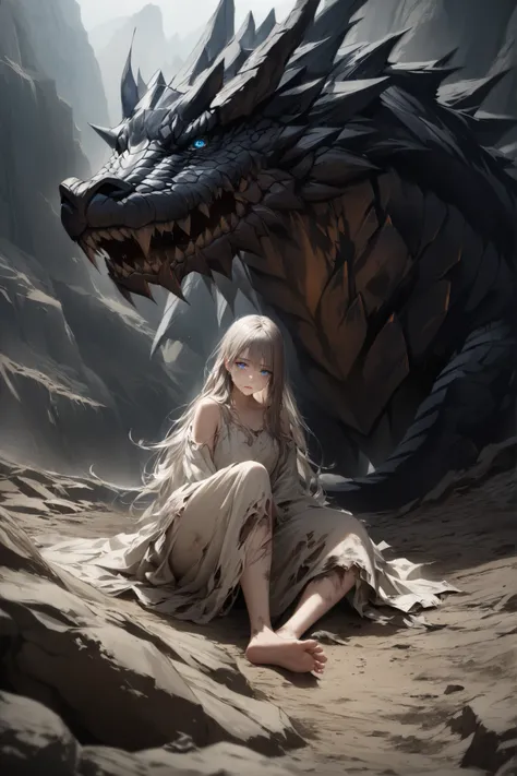 A young woman wearing a dirty, torn white dress with long, blue eyes, and long, ankle-length hair sitting in front of a black dragon's face in a desolate, steep mountainous area、 crying face。TOP QUALITY。realistic texture、 realistic colors。