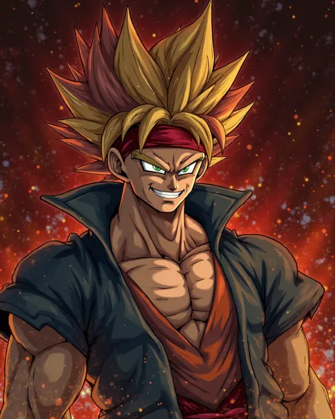 Create a dragon ball character named Marcus,Spiked hair,Super saiyan,Multicolored Hair, Scar On Cheek, Red aura,Anime Style, Illustration, Hood, Red Hairband, Evil Smile, Facing Another, 