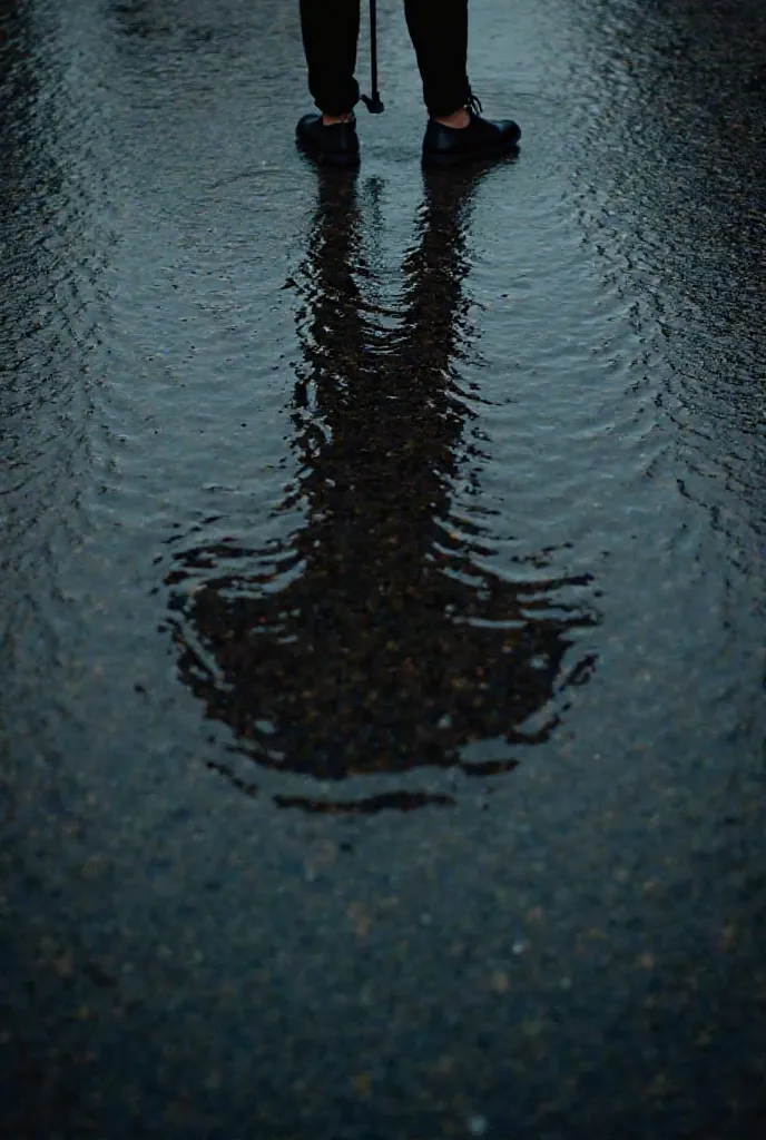 photograph captures the reflection of a person holding an umbrella in a puddle on a rainy day. The ripples on the water create a textured effect, adding a sense of movement, with only a silhouette of their head and shoulders visible. The dark contrast betw...