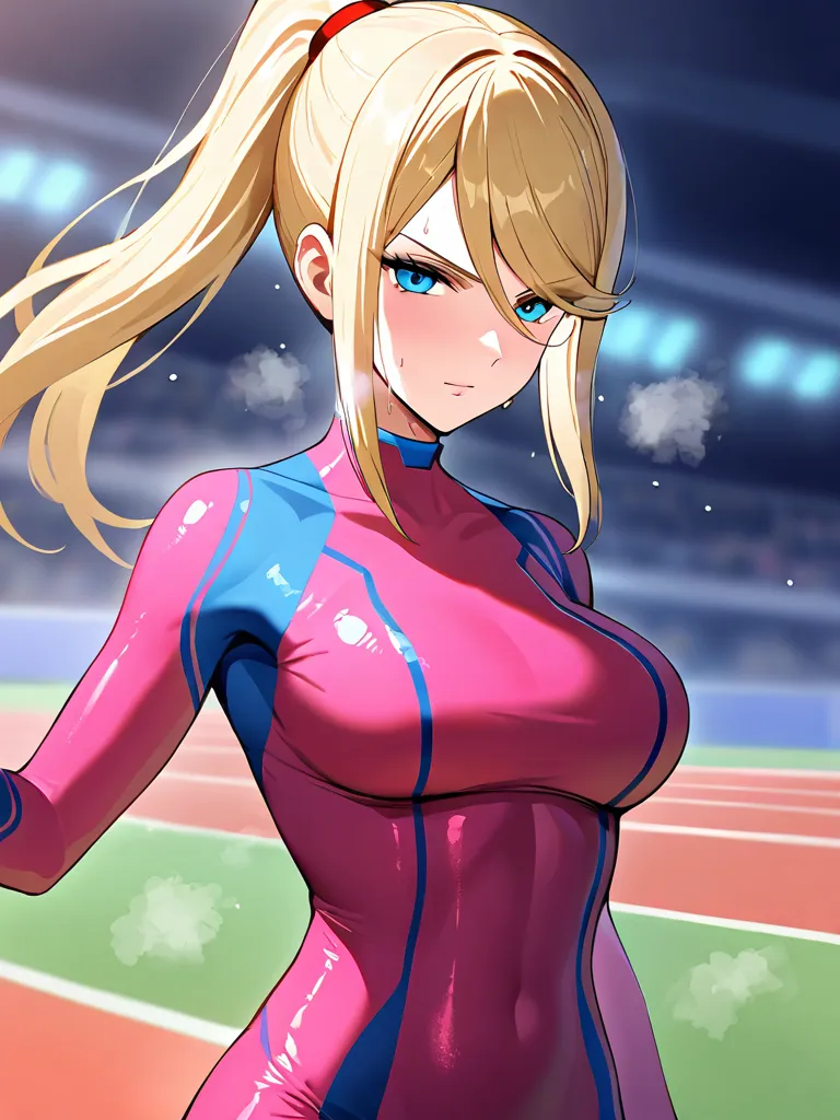  zero suit Samus　blonde ponytail standing　fully clothed　 is running on the right hand　 serious expression　sweat　Steaming　Track and field track at night