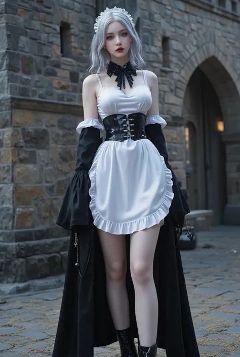   Young Cyborg Beauty ,( black and white gothic maid outfit, long skirt with low skin exposure,   corsets  , black tights, Black Boots ),(  Silver Hair, Shoulder-length hair in images , purple eyes, half-closed eyes ,  unusual suspicious feelings:1.3,Black...