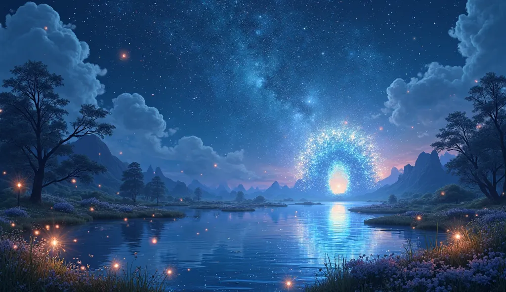 starry blue background, Bright lights like fireflies, with a beautiful lake and a portal to another dimension