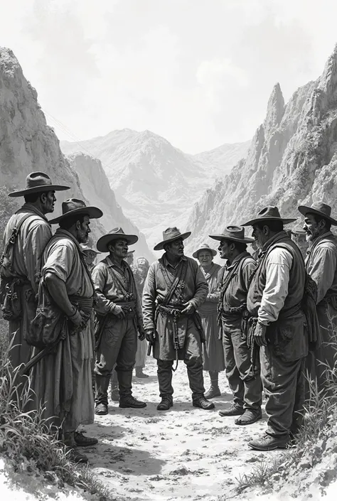 Sketch black and white of people in the spanish colonization gathering round and gossiping about a theif , they must be in the mountain area 