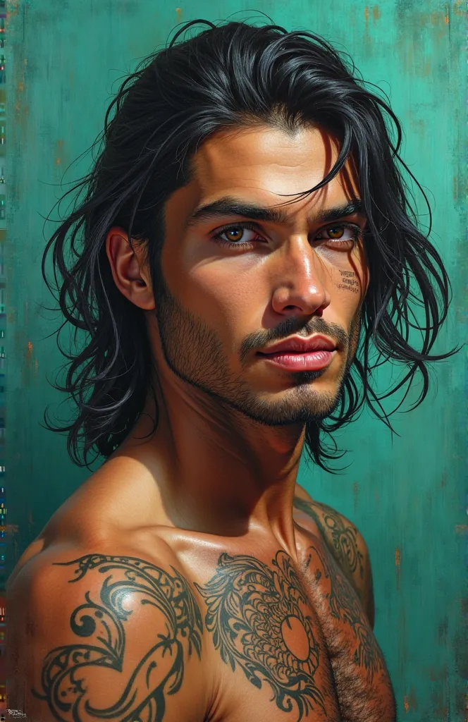 High-quality realistic acrylic art,  bright colors , man with exotic appearance, very sexy man, long black hair combed into a loose hairstyle,  hair develops in the wind ,  detailed face, detailed lips, detailed eyes, you can see Maori tattoos, that extend...