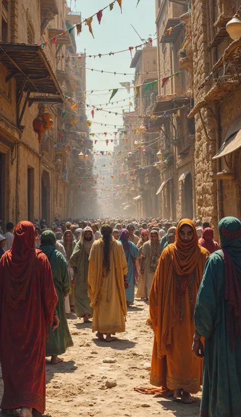 "An ancient city with narrow streets filled with people celebrating and engaging in chaotic activities. The scene is colorful but decadent, with individuals wearing traditional Middle Eastern robes. Some people are drinking, others arguing, while a mysteri...