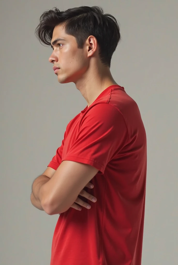 Create me a 3D image of a young man standing sideways with one hand over the other while standing fully still and have him wearing a red t-shirt.