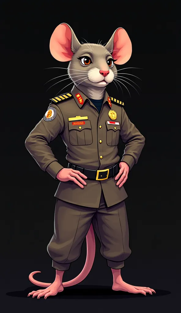 A vector illustration of a rat wearing the official uniform of the Indonesian National Police, with the uniform in a brownish-gray color. The rat has a serious and authoritative expression, standing confidently with its hands on its hips. The uniform inclu...