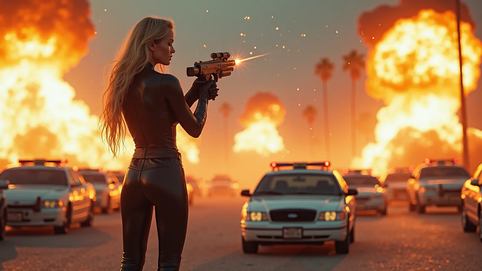 full body photo, (((HD photo))), ultra high res.photorealistic:. 1.4, UHD, masterpiece,   Skinny 18 year old blonde California  female  wearing all black shiny wet-look   spandex bodysuit   .  california beachside highway/parking lot.   22 police cars  par...