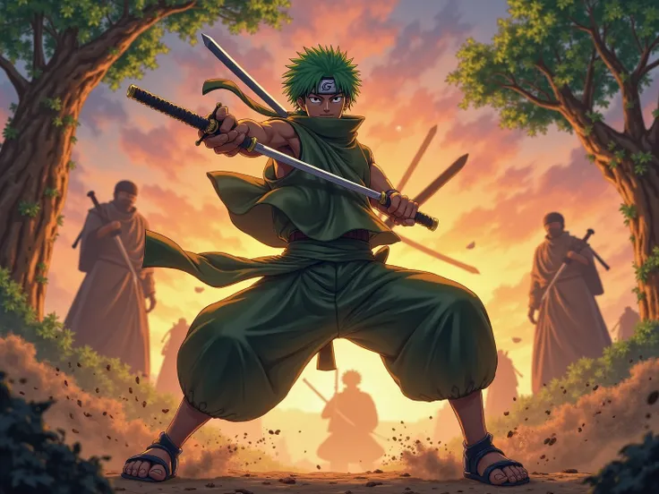 Roronoa Zoro from One Piece, full body view, dressed as a Naruto Shippuden character. He's wearing a Konoha ninja outfit with the iconic headband, blending his own style with three swords (Wado Ichimonji, Sandai Kitetsu, and Shusui). Zoro is in a battle po...