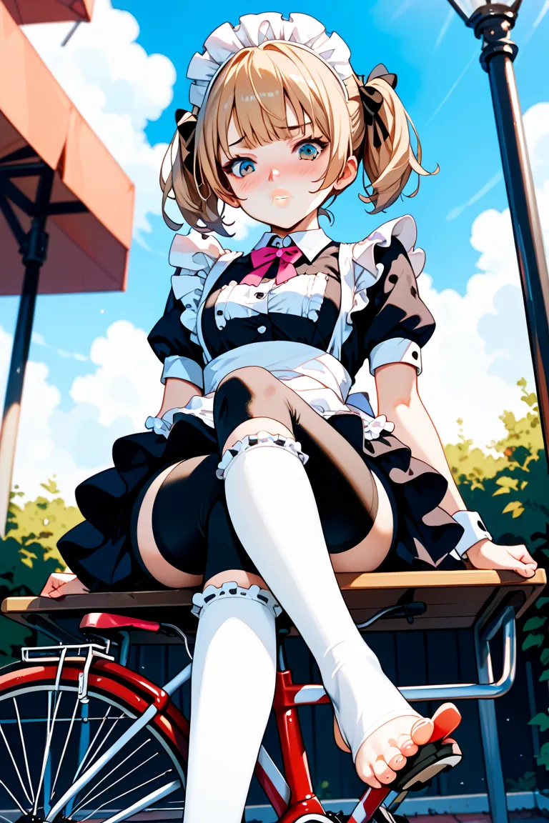 1 girl、Maid、 sitting、ruffle socks、 from below、 Ashikiri、is embarrassing、bicycle shorts、 puffy lips、 toeless legwear、cross race legwear、masterpiece、TOP QUALITY、 uncensored