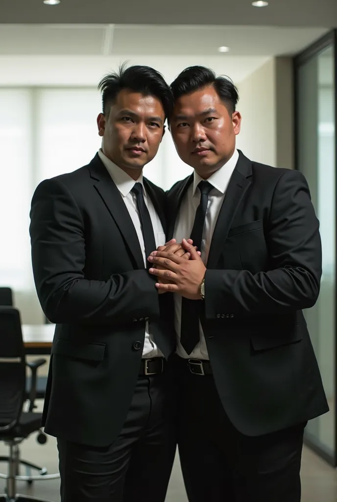 two men hugging, wearing suits and black pants, white shirts, long black ties, shiny black shoes, one with black side parted undercut hair "not long but short hair" standing behind, the other with "short fat body in front", Indonesian faces, Indonesian peo...