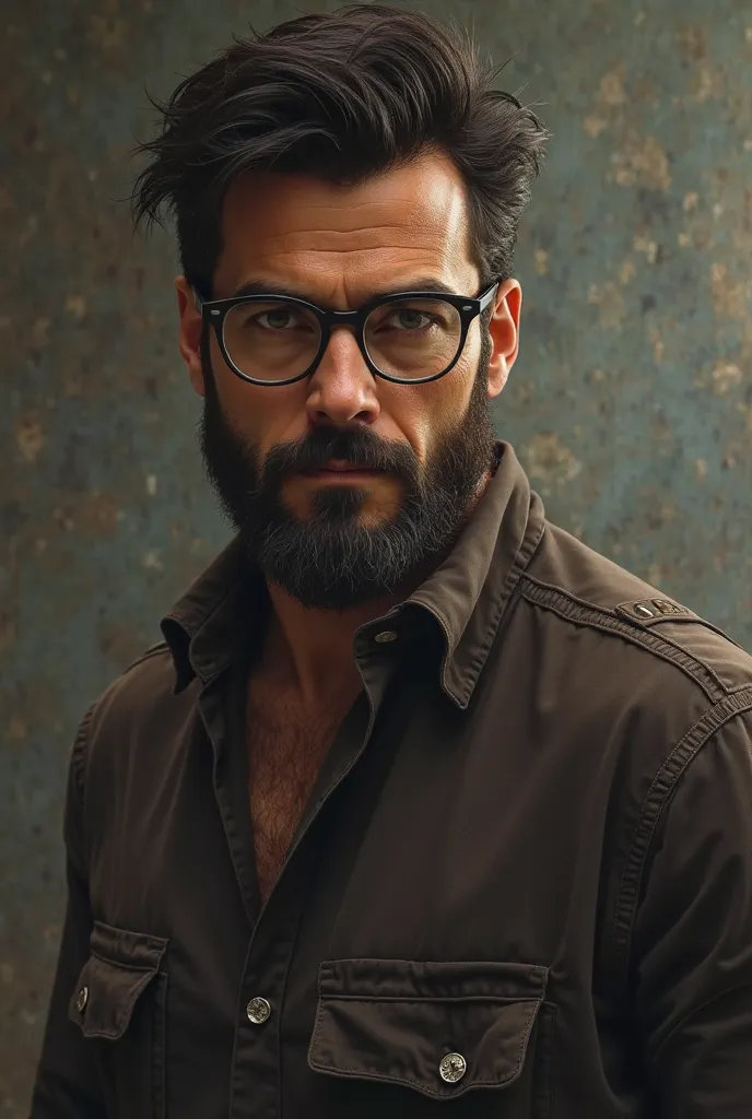 He has an imposing presence,  with an intense and confident look .  Your skin is tanned, The dark and well-groomed hair,  and the well-trimmed beard .  -Wears simple clothes , but that conveys sophistication. But he's kind of ugly, Put him with glasses loo...