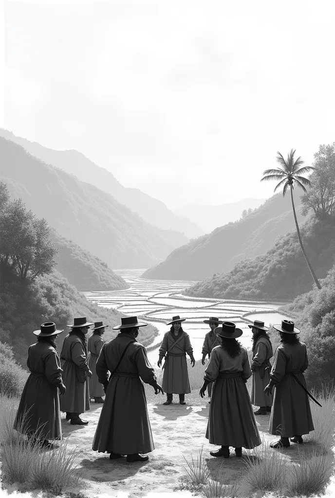 Sketch black and white of people in the spanish colonization gathering round and gossiping about a theif , they must be in the mountain area rice feilds