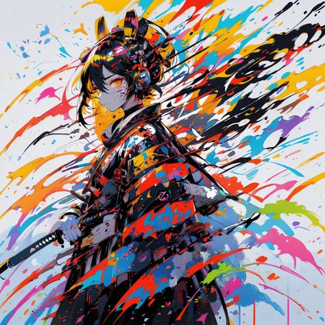  black mask、masterpiece, TOP QUALITY, female、knife、 samurai。solo,  (Doodle:1.5),  paint splatter, , Body Paint,Colorful hair, golden eyes,  Headset On Head,rainbow、 splash 、colorful、 face paint、knifeを構える、抜knife