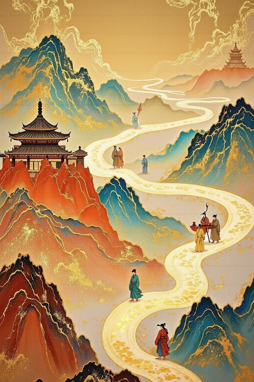 The landscape paintings in the Dunhuang murals seem to be given life, involving camels, caravans, and Han Dynasty buildings in an adventure through time and space. They are arranged along the winding road of the Silk Road, forming a dynamic picture. Bright...