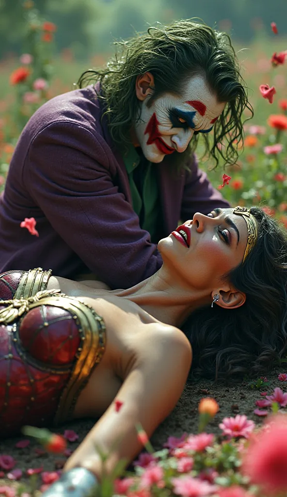 both wonder woman and joker is lying on the ground ( joker is grabbing her hair strongly from behind), at flower garden, wonder woman is crying loudly. Realistic 