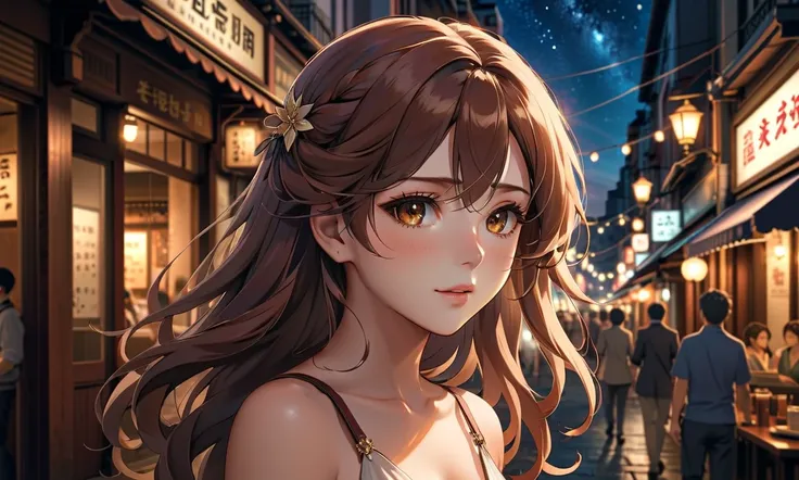  fully uses Makoto Shinkai's depiction,a portrait of Kate Beckinsale, Gold, brown-eyed ,The 、,8k 4k masterpiece photo ,The entire upper body is facing this way,There is a ,a portrait of TZUYU on the left side of the screen,Waikiki Streetscape,the twinkling...