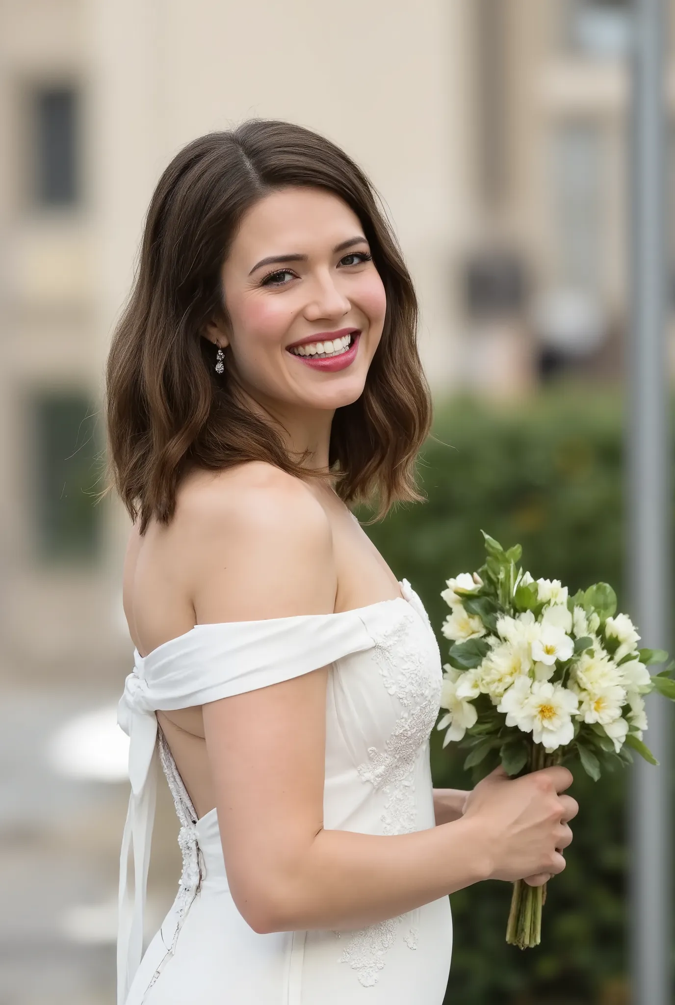 best quality, highres, 8k, masterpiece, photography, detailed midbody photorealistic portrait. Mandy Moore wears a flowing, off-the-shoulder wedding dress with intricate floral embroidery across the bodice and skirt. The dress has a soft, romantic neckline...