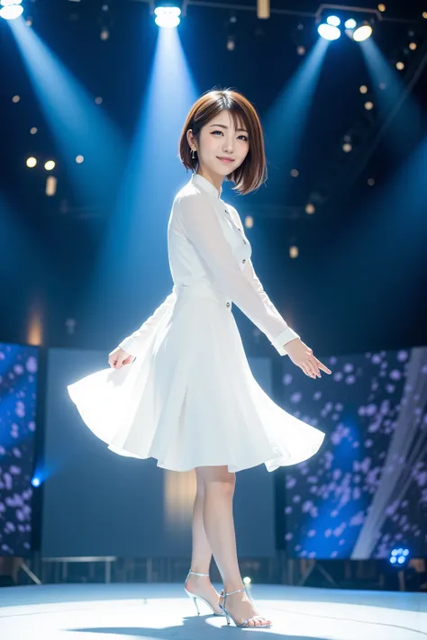 (Character)
Angle of a Japanese woman in her 30s looking up from below the stage, natural brown hair color,short hair, shaggy,
(clothing)
white chinese dress,  high heels,
(action)
she walks briskly on stage,
the hem of her dress flutters softly when she l...