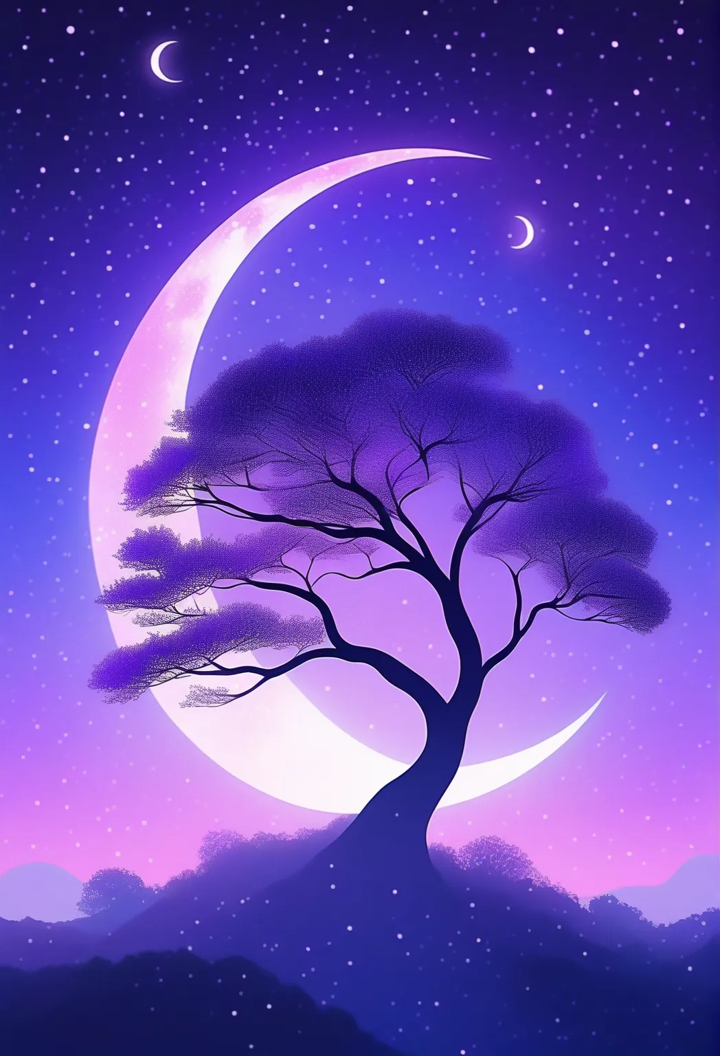 A tree in space，moon in the sky, light purple and light indigo style, animation art, Night light, Wonderful collage, Shimmer,  uhd image , Zen Buddhist influence, Fantastic ,16k