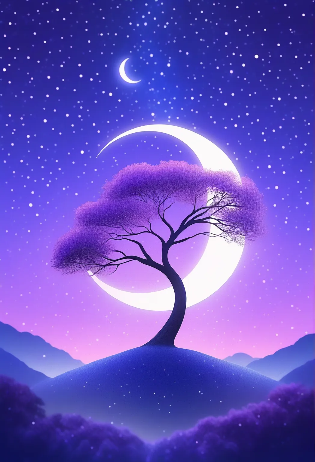 A tree in space，moon in the sky, light purple and light indigo style, animation art, Night light, Wonderful collage, Shimmer,  uhd image , Zen Buddhist influence, Fantastic ,16k