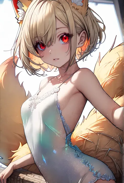  short hair , (red eyes:1.5),   by Otokuyo loungewear 、  As shorts, the 、, blonde 、Bob, (  small breasts:1.2),  Foxの耳、Fox&#39; s Tail、break looking at viewer, break outside, break ( masterpiece:1.2),  top quality made of straw,  HD ,   Unity 8k  , (shape:0...