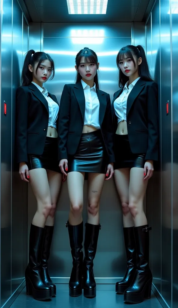 Three Chinese secretaries with athletic, fitness-type bodies, some with flowing hair (some with ponytails), some with small black-framed reading glasses (some not). Wearing small black cotton executive jackets over a low-cut white shirt, black latex minisk...