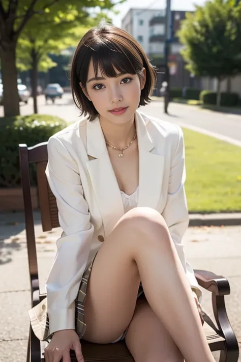 realistic、It's not unnatural、natural details、An adult woman is sitting on a chair with her legs crossed、(has slanted eyes and sharp eyes1.3)、(has short hair and shaggy 1.5)、(short shaggy 1.8)、( has bangs)、 gentle smile、 White Coat、Beige blouse、pleated mini...