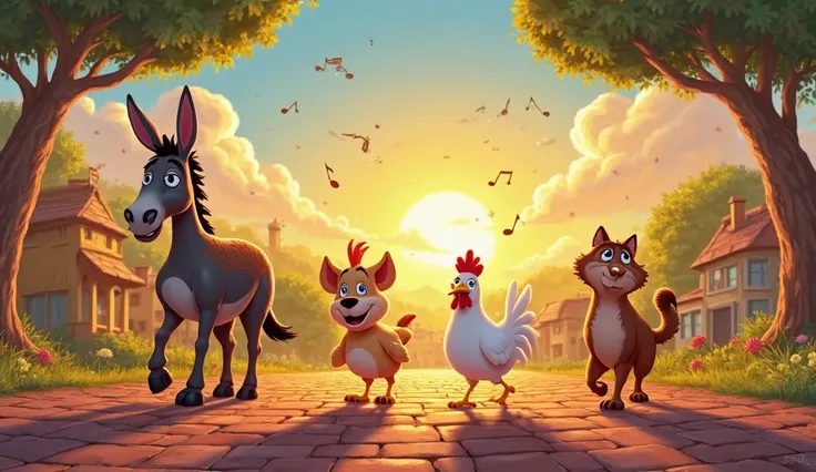 "Uma ilustração excited vibrante dos quatro personagens de 'Os Saltimbancos' – um burro, A dog with a, a chicken and a cat — walking together on a brick road Dourados, towards a horizon illuminated by the sun. The donkey ,  strong and determined , leads th...