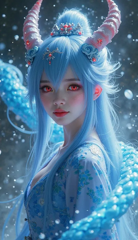 Image generation information: Chinese mythological figure: Ao Run, female, charming, blue hair, red eyes, glowing blue dragon scales around the eyes, two dragon horns on the head, hair spread out, flying, seductive eyes, blue dragon scales on his clothes, ...