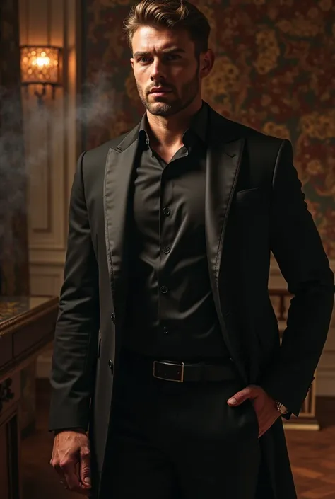 In a luxurious setting, a stylish male model wears an elegant black suit. The suit is finely tailored, made of high-quality fabric with a subtle sheen that reflects the ambient light. The lapels and buttons are crafted with precision, enhancing the sophist...