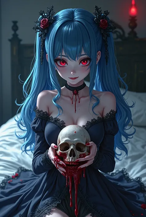 Imagine a vampire character wearing a black and blue gothic dress Holding a bleeding human head She is sitting on the bed Anime style She has blue hair styled in pigtails. 