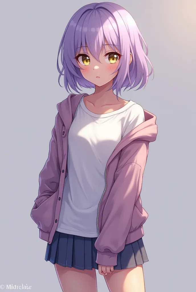  old light purple girl looking at camera, she has a fit body, light yellow eyes, realistic and detailed face, beautiful girl, detailed face, Masterpiece, young girl style. She's wearing a t-shirt, outerwear is a cardigan, miniskirt.  Image.