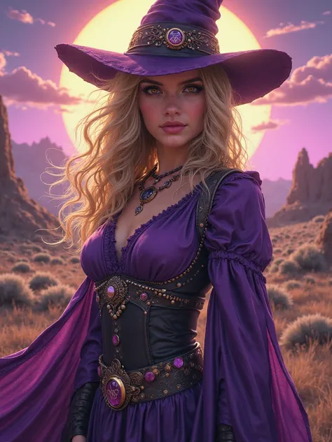 A Red Dead Redemption 2 style poster with a blonde girl, brown eyes, witch style clothing in purple tones.