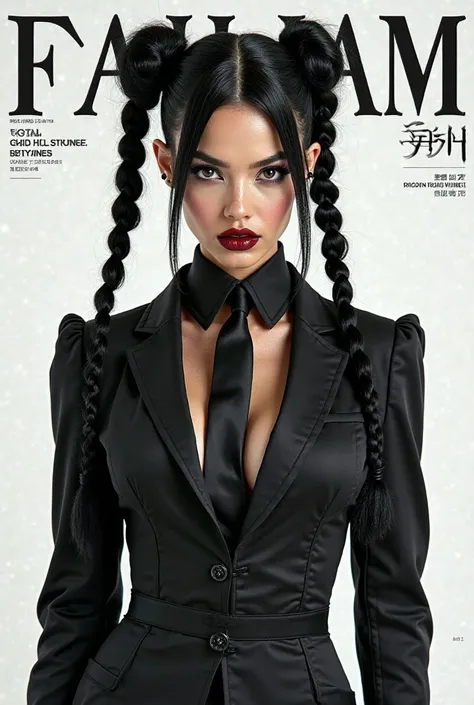 Create the cover of a fashion magazine with Wenesday AdamsFamily, real hyperrealist Hyperrealism as the protagonist of the cover and with background texts as if it were a real magazine.  outfit.  hyperrealism. live action magazine. Big breasts.black hair h...