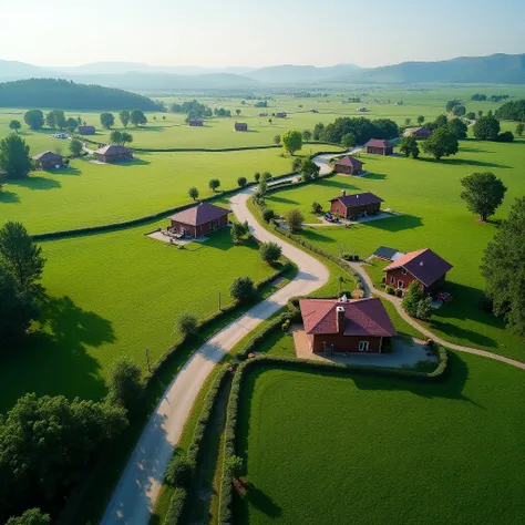 Aerial view of a road through the quiet remote neighborhood in the plain meadows with lush greenery and houses. Realistic photo.