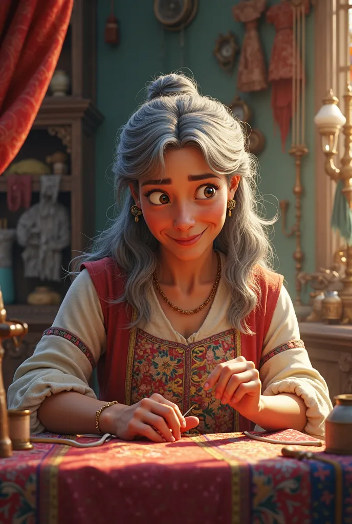 middle-aged needlewoman, long half-wavy hair, with a dark complexion that wears missing, wide-bodied,  ANIMATED STYLE 